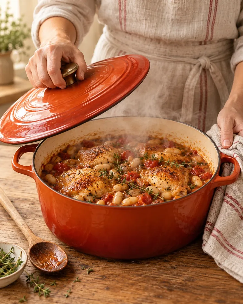 A cook's hands lifting the lid off the red pot, steam rising. A stand-in picture, not a photo of the author.