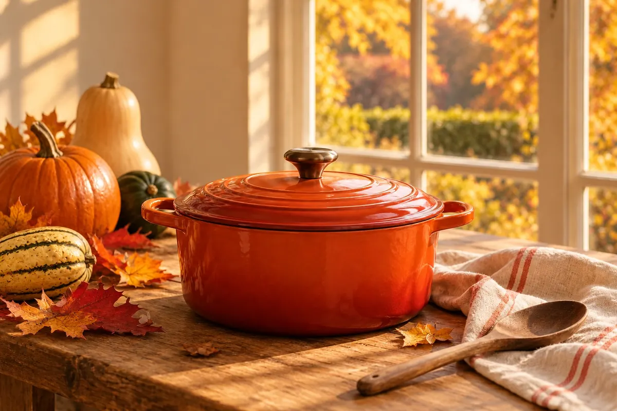 The red pot, lid on, in low amber autumn light, fallen leaves and a squash on the table.