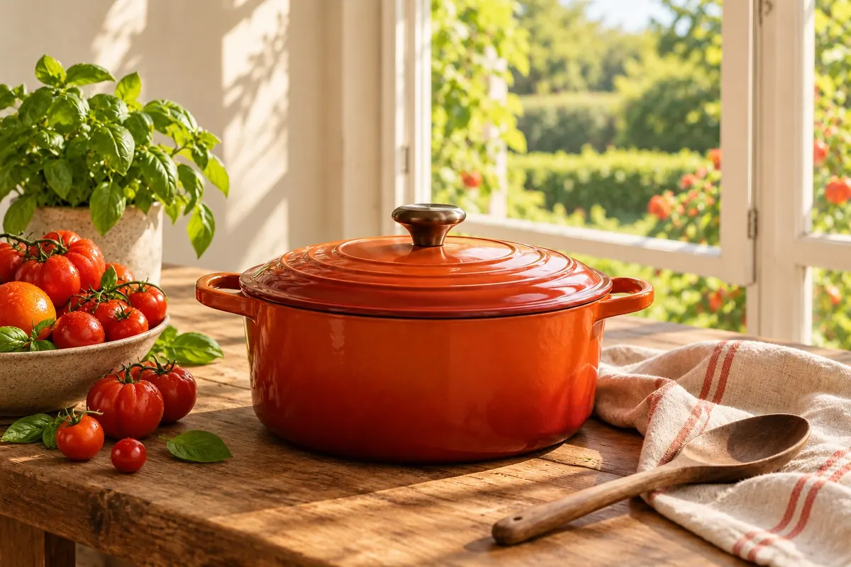 The red pot, lid on, by an open window in bright summer light, ripe tomatoes on the table.