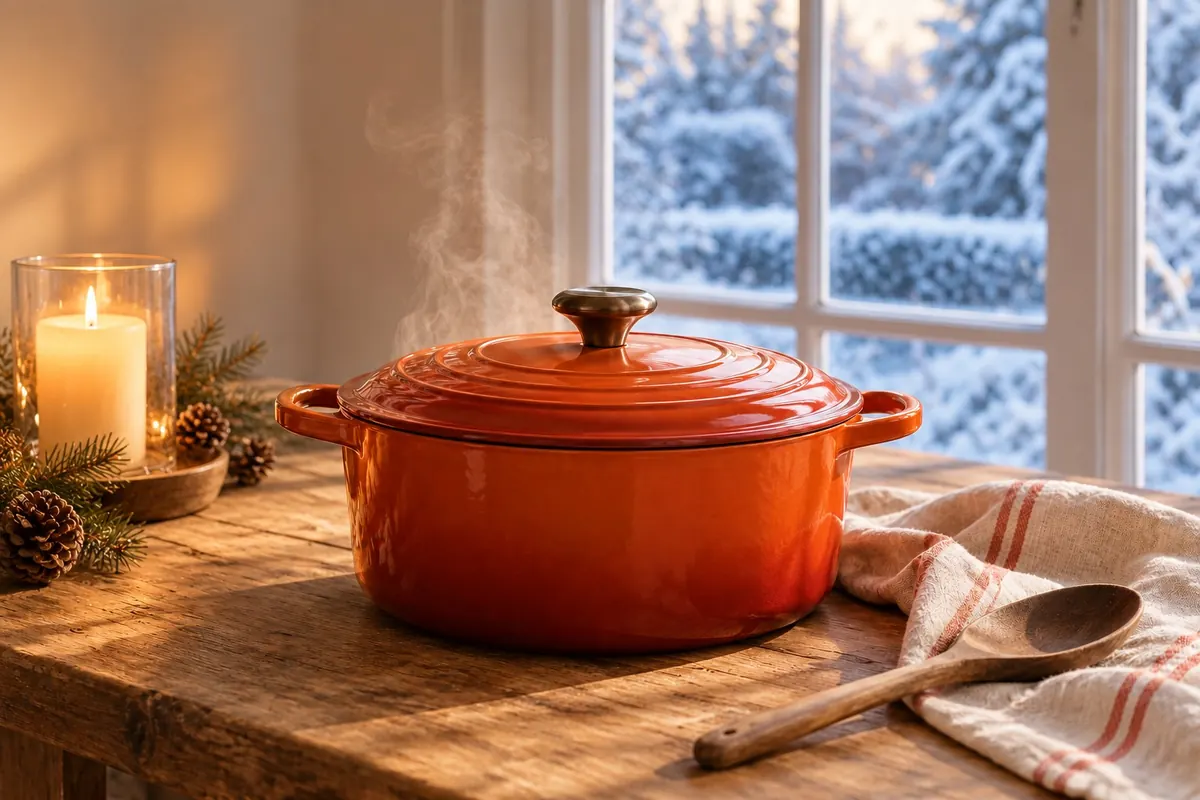 The red pot, lid on, steaming in cool winter light beside a lit candle, snow outside.